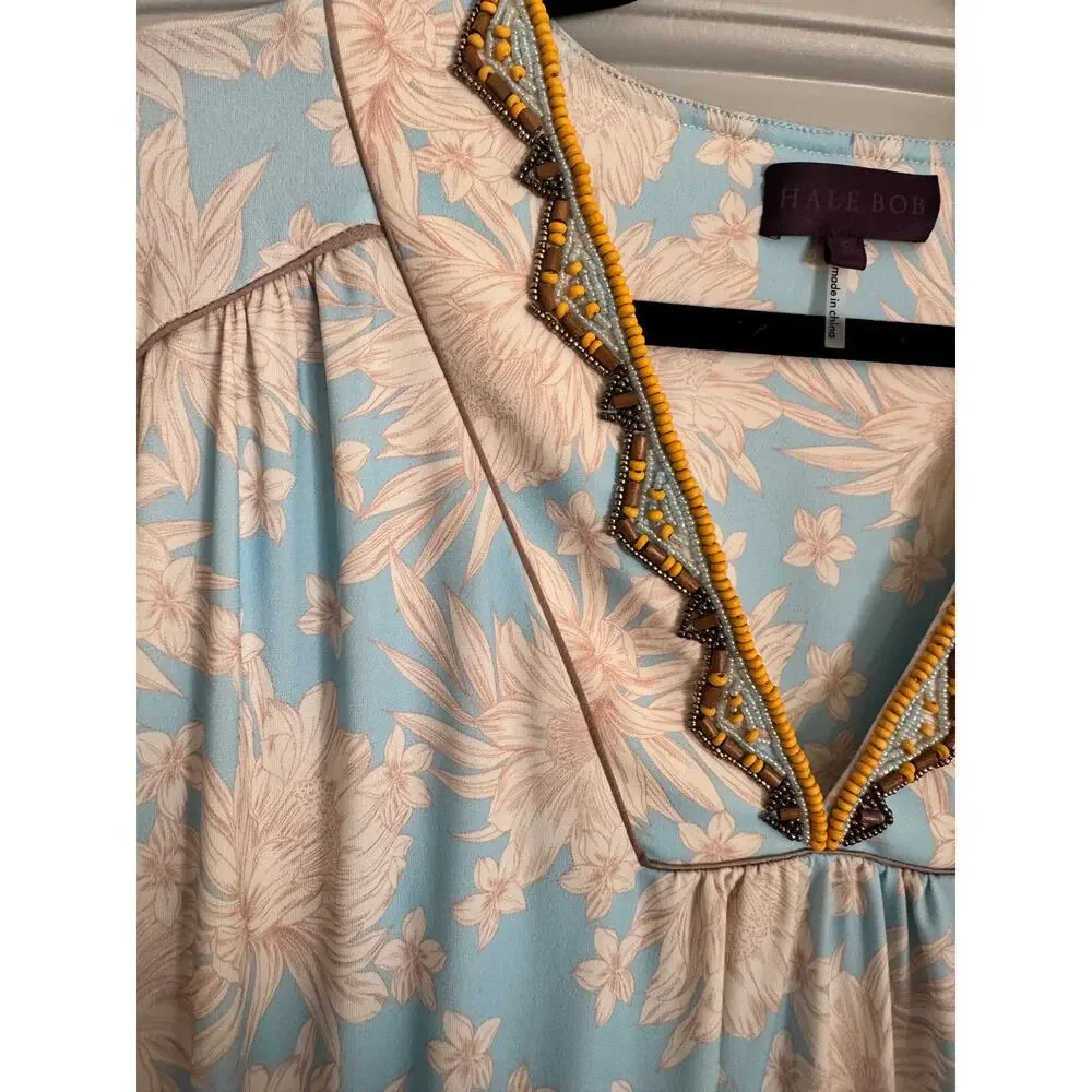 Hale Bob Blue Floral Beaded Neck Dress Size Small NWT - Picture 5 of 9